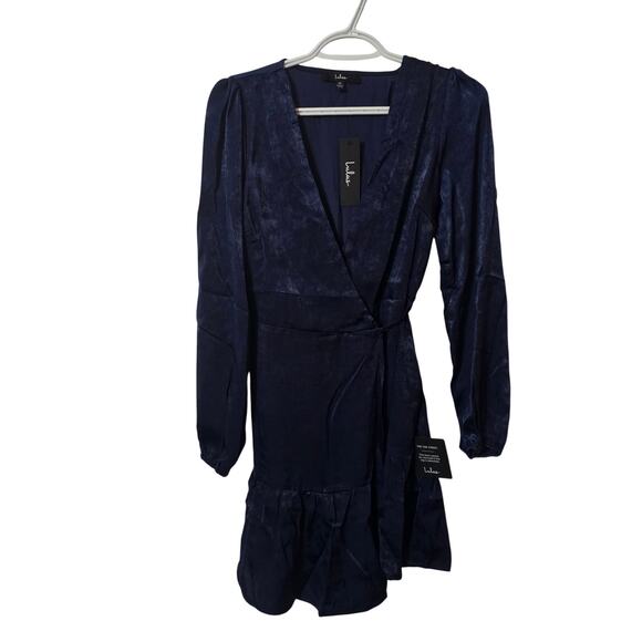 Lulus So Splendid Navy Blue Satin Long Sleeve Wrap Dress XS - Picture 4 of 9